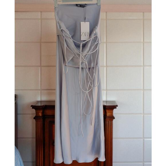 Zara Medium Slip Silver-Gray Strappy Midi Satin Effect Dress - NWT - Picture 1 of 6